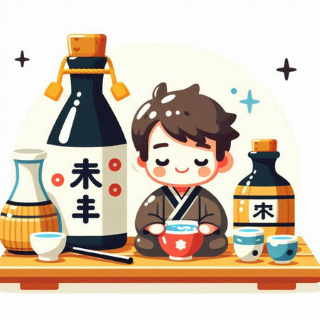 Illustration of a boy in a kimono drinking sake.のイラスト素材