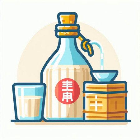 Japanese sake bottle and wooden barrel. Vector illustration in flat style.のイラスト素材