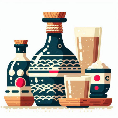 Vector illustration of traditional japanese sake in bottles and cups.のイラスト素材