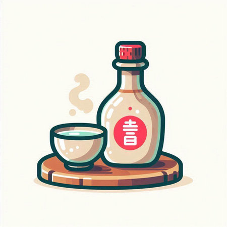 Sake bottle and sake cup on a wooden board. Vector illustrationのイラスト素材