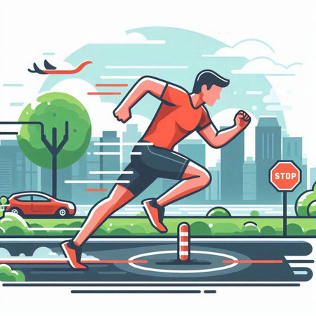 Running man in sportswear on city street. Healthy lifestyle. Vector illustrationのイラスト素材