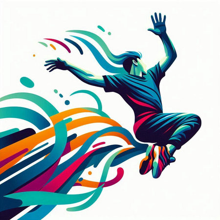 illustration of a skateboarder jumping with a colorful abstract backgroundのイラスト素材
