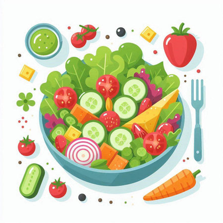 Fresh vegetable salad in bowl. Healthy food and diet concept. Vector illustrationのイラスト素材