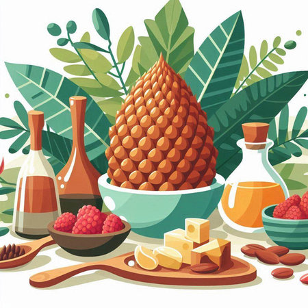 Vector illustration of a set of ingredients for cooking, olive oil, honey, nuts and berries.のイラスト素材