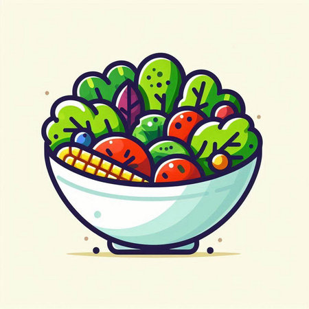 Vegetable salad in a bowl. Vector illustration, flat design.のイラスト素材