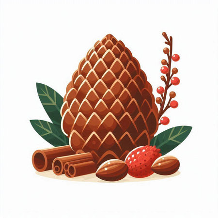 Pine cone, cinnamon, strawberries and leaves. Vector illustration.のイラスト素材