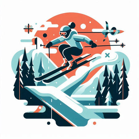 Skiing in the mountains. Vector illustration in retro style.のイラスト素材