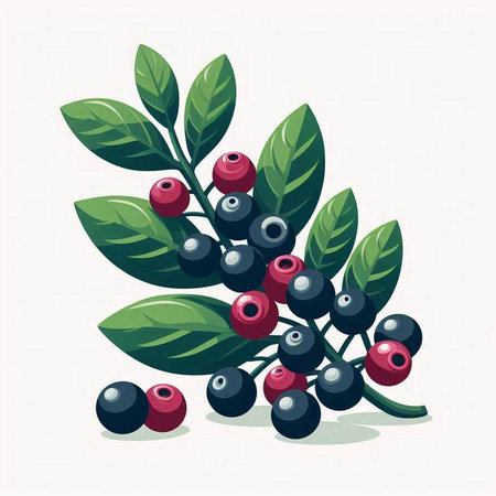 Illustration of a bunch of fresh blueberries with leaves on a white backgroundのイラスト素材
