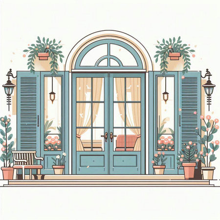 Vector illustration of the front door of the house with flowers and plantsのイラスト素材