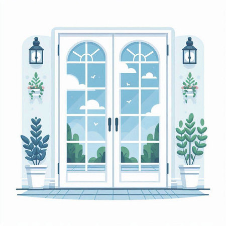Vector illustration of a room with a wooden door, windows and plants.のイラスト素材