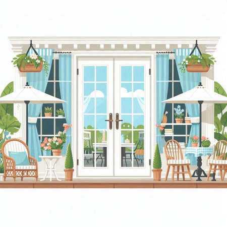 Flower shop interior with wooden furniture and plants. Vector illustration.のイラスト素材