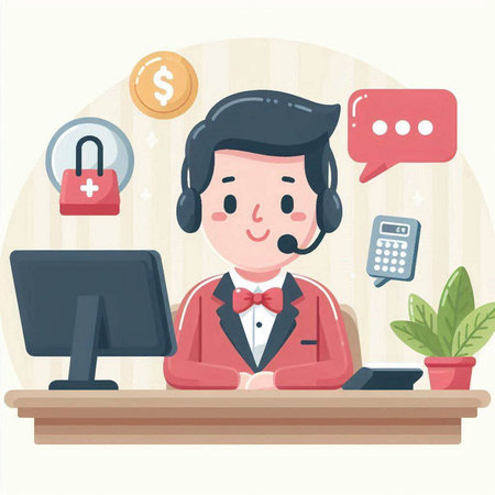 Illustration of a customer service agent in a call center with a headsetのイラスト素材