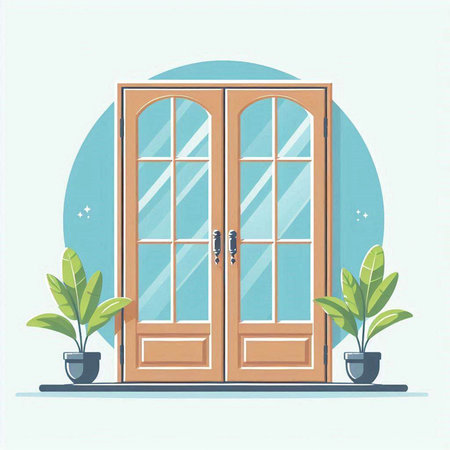 Vector illustration of a wooden door in a flat style with plants.のイラスト素材