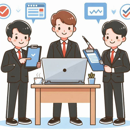 Illustration of a businessman in a suit working on a laptop and a man in a suitのイラスト素材