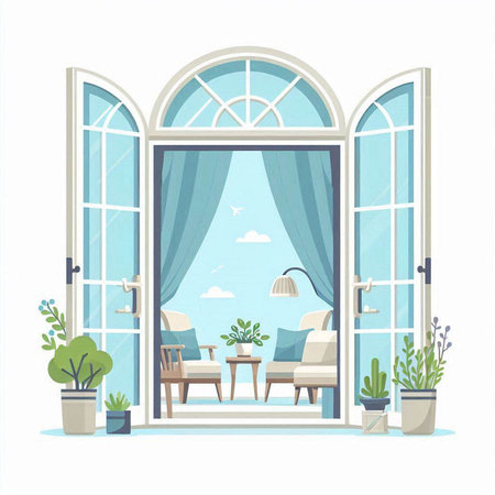 Flat design vector illustration of a room with a large window, chair, table and flowers.のイラスト素材