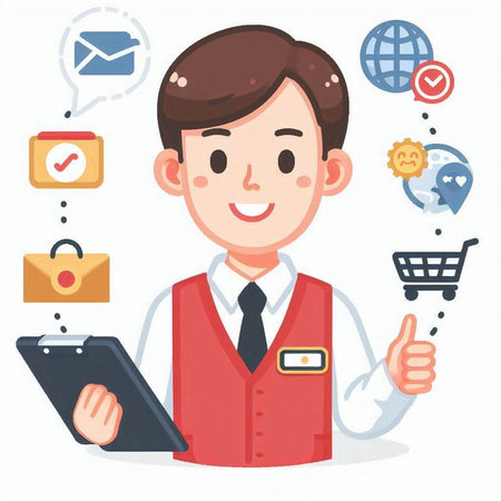 Businessman with tablet and social media icon set. Vector illustration.のイラスト素材