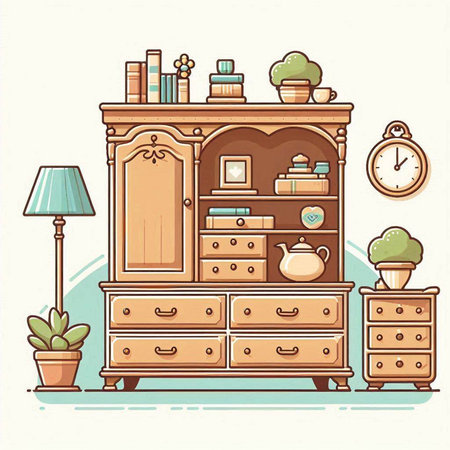 Retro cabinet with books and decorations. Vector illustration in cartoon style.のイラスト素材