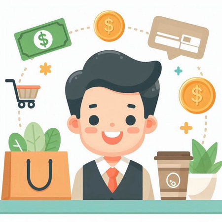 Illustration of a Businessman Sitting at His Desk with a Shopping Bag Full of Moneyのイラスト素材