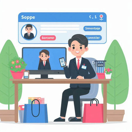 Online shopping concept. Man in suit sitting at the table in front of computer screen.のイラスト素材