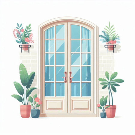 Vector illustration of a window with plants in pots on the wall.のイラスト素材