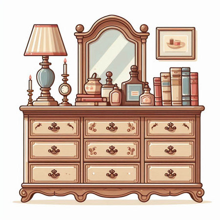 Vintage chest of drawers with books and lamps. Vector illustration.のイラスト素材