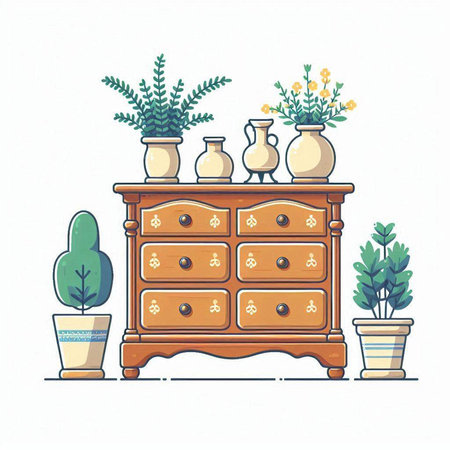 Vector illustration of a wooden chest of drawers with decorative vases and plantsのイラスト素材