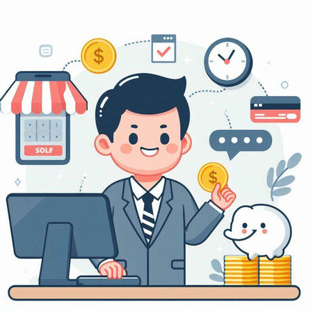 Businessman using computer for online shopping, e-commerce. Vector illustrationのイラスト素材