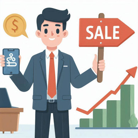 Businessman showing sale sign and mobile phone. Vector illustration in cartoon style.のイラスト素材
