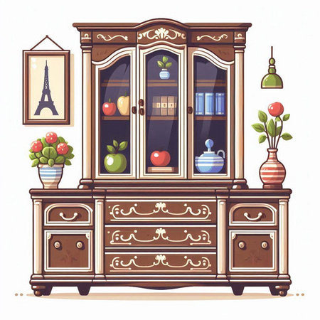 Vintage cupboard with books and other items. Vector illustration.のイラスト素材