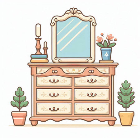 Vector illustration of a chest of drawers with a mirror and a houseplantのイラスト素材