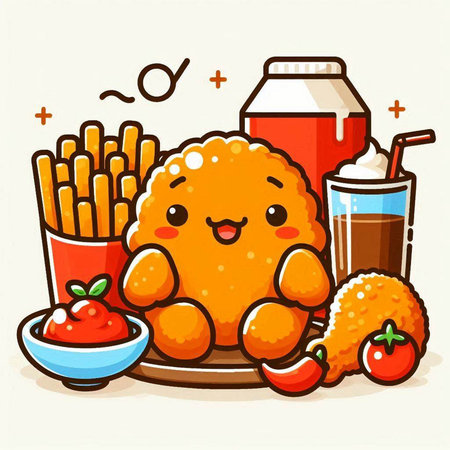 Illustration of fried chicken with french fries, kawaii styleのイラスト素材