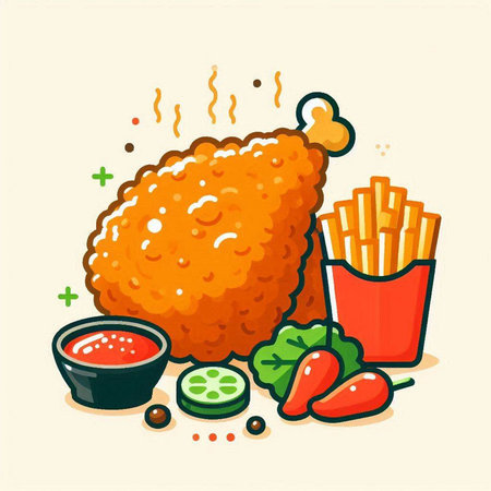 Illustration of fried chicken with french fries, tomato sauce and cucumberのイラスト素材