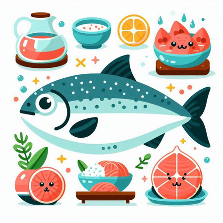 Set of cute cartoon fish with different food and ingredients. Vector illustration.のイラスト素材