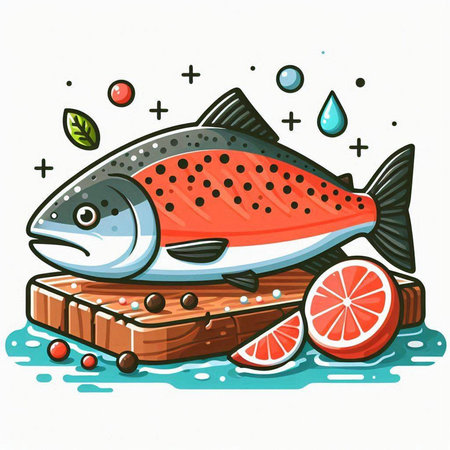 Vector illustration of a fresh salmon on a wooden board with lemon and berriesのイラスト素材