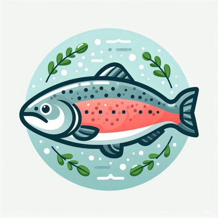 Vector illustration of a salmon in a round frame on a white background.のイラスト素材