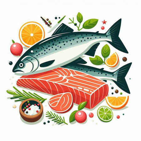 Salmon fish with ingredients for cooking on white background. Vector illustration.のイラスト素材
