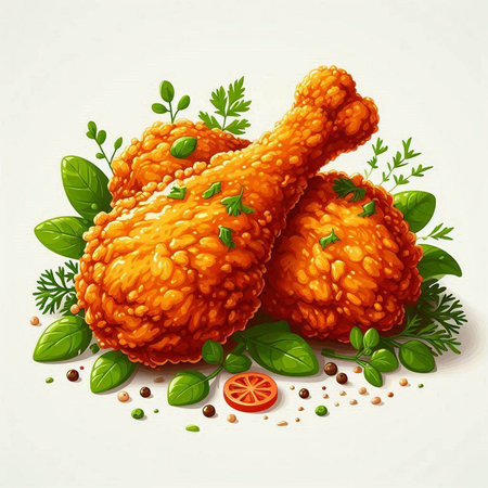 Fried chicken drumsticks with herbs and spices. Vector illustration.のイラスト素材