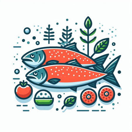 Vector illustration of fresh trout fish on white background. Healthy food concept.のイラスト素材