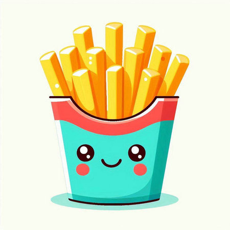 Funny cartoon french fries in a paper box. Vector illustration.のイラスト素材