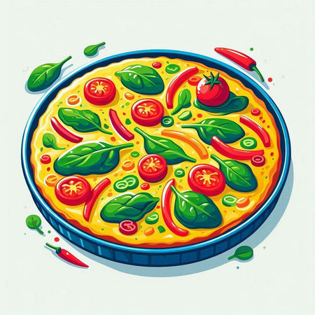 Illustration of pizza with tomatoes, basil, cheese and olive oilのイラスト素材