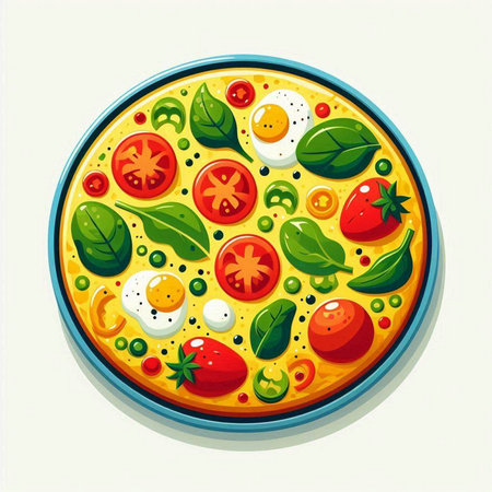 Pizza with tomatoes, mozzarella and basil. Vector illustrationのイラスト素材