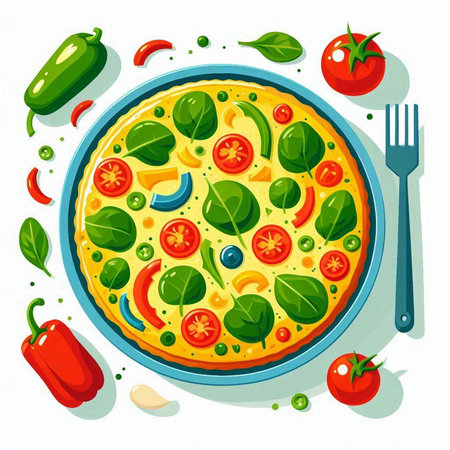 Vegetarian pizza with vegetables on a plate. Vector illustration.のイラスト素材