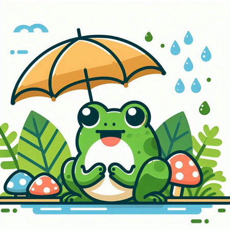 Frog with umbrella in the rain. Vector cartoon character illustration.のイラスト素材