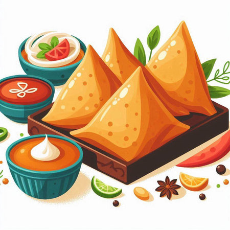 Illustration of a set of traditional indian samosas.のイラスト素材