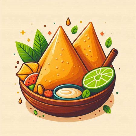 Vector illustration of traditional indian dumplings with lime, honey and spicesのイラスト素材