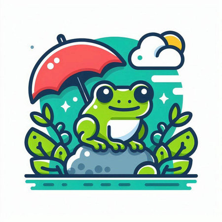 Frog with umbrella in the park. Vector illustration. Flat design.のイラスト素材