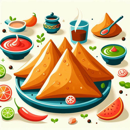 Illustration of a set of traditional indian samosas with saucesのイラスト素材