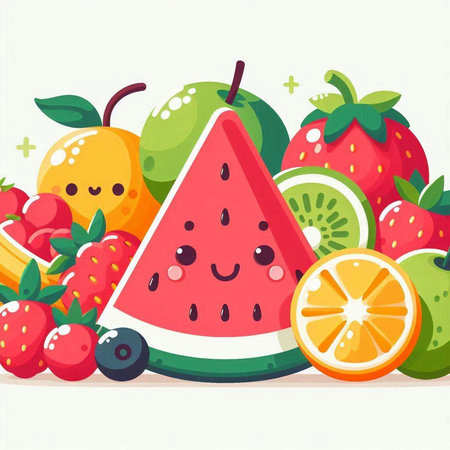 Funny watermelon, orange, strawberry, blueberry, kawaii style. Vector illustrationのイラスト素材