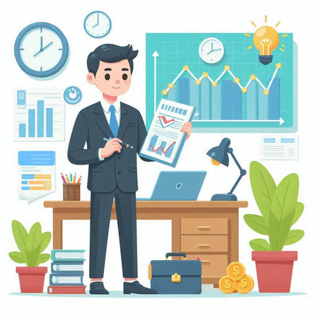 Businessman working in office. Vector illustration in flat cartoon style.のイラスト素材