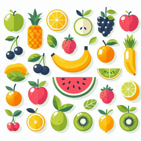 Fruit icons set. Vector illustration in flat style. Isolated on white background.のイラスト素材